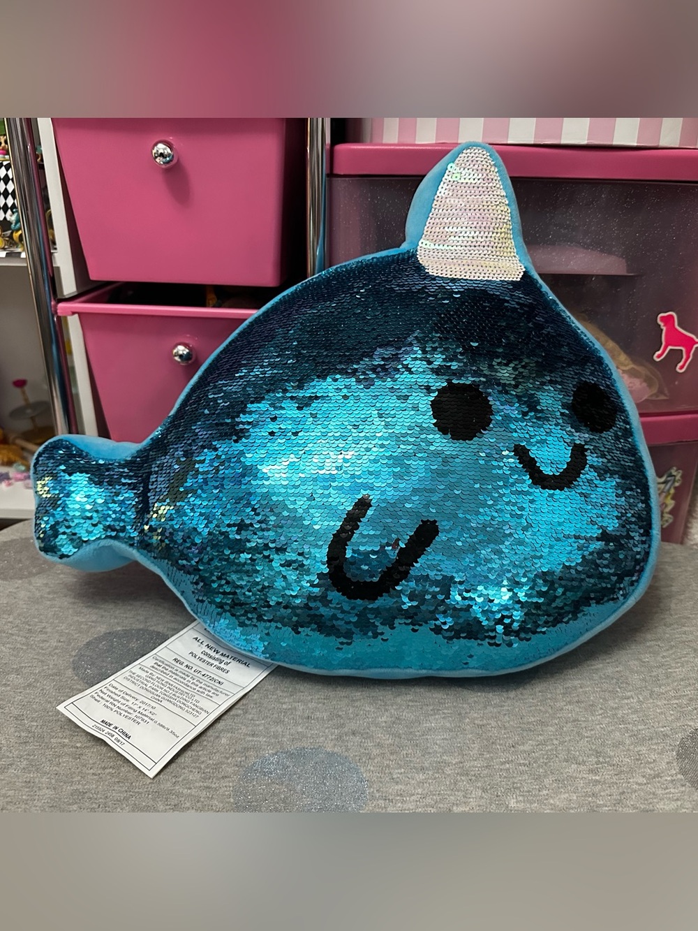 Justice Girls Blue Narwhale Sequin Throw Pillow